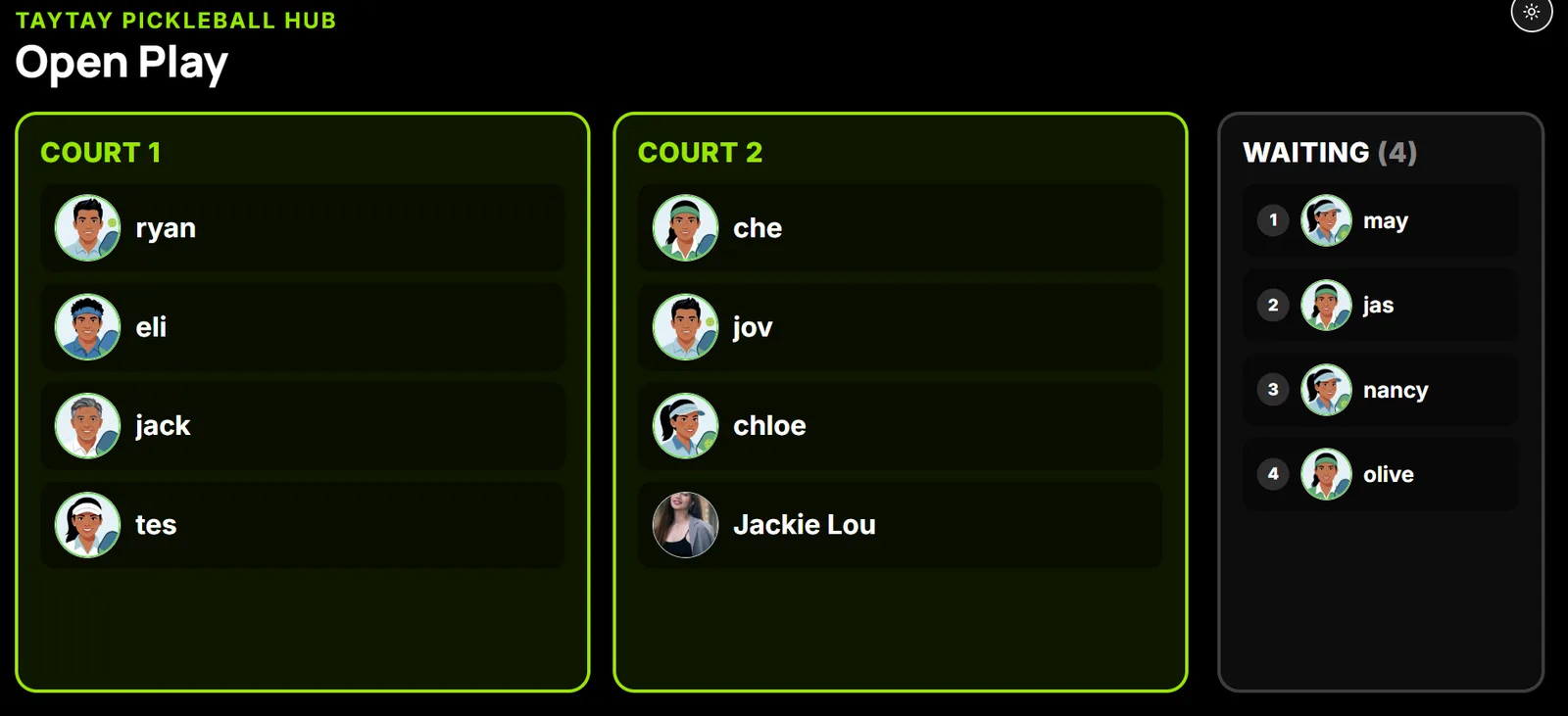The same Open Play queue shown on the public lobby TV display